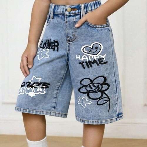 Girls Graffiti Pattern Denim Loose Fit Short Pants