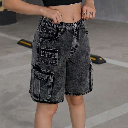Girls Low Waist Flap Pocket Baggy Denim Cargo Shorts