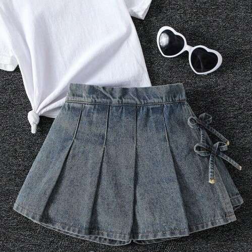Girls Pleated Design Bowknot Denim Skort