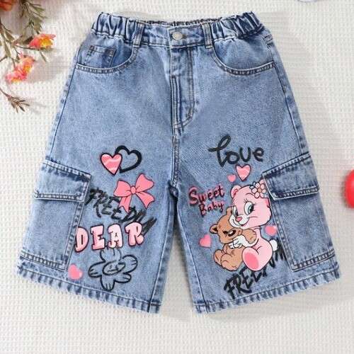Girls Retro Casual Denim Graphic Design Shorts