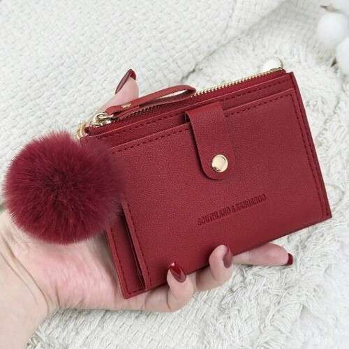 Foldable Small Wallet With Pom-Pom Charm