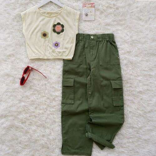 Girls Btween Chrochet Flower Top and Cargo Pants Set