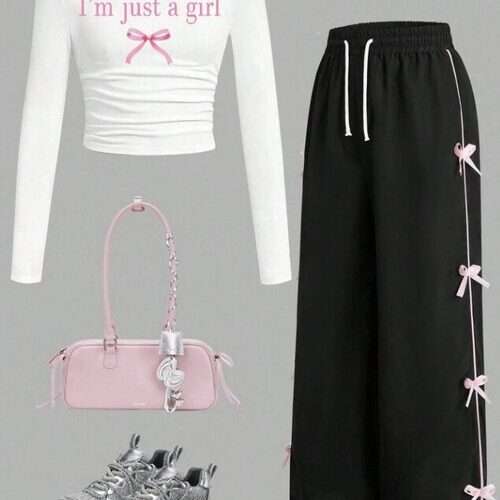 Girl Letter Print Long Sleeve Top and Bow Decor Pant Set