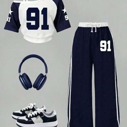 Girls Numeric Print Asymmetrical Shoulder Top and Pants 2Pc Set