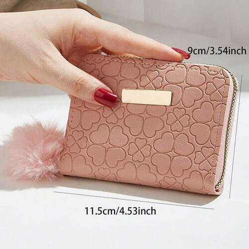 Heart Shaped Stone Texture Clutch Wallet With Fluffy Accessory