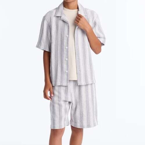 Boys Striped Textured Button Down Shirt and Short Set