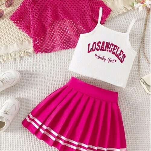 Girls 3pc Mesh Crop Top, Cami and Pleated skirt