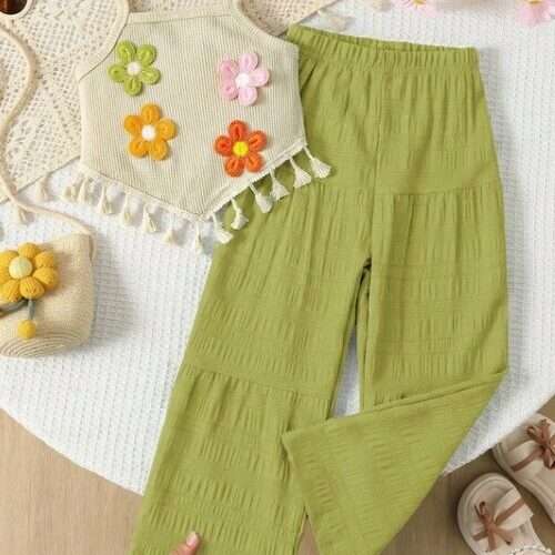 Girls Asymmetrical Embroidery Decorative Camisole and Wide Leg Pants