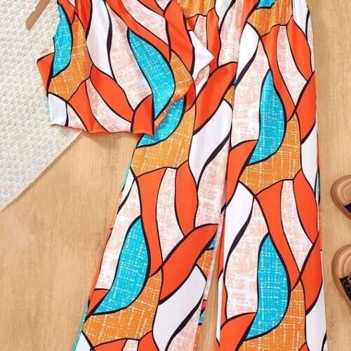 Girls Geometric Print Halter Neck Top and Wide Leg Pants 2Pcs Set
