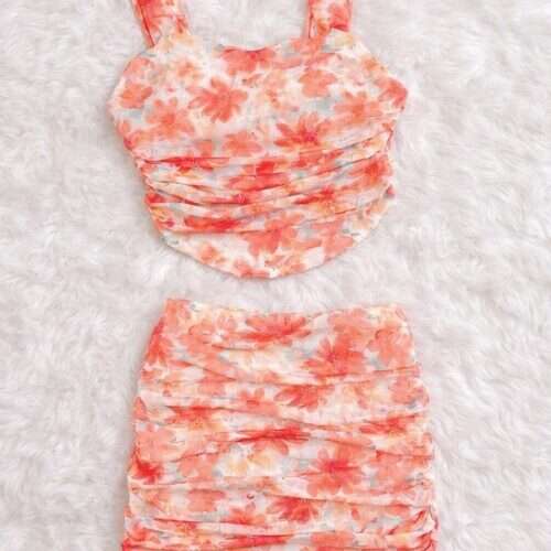 Girls Ditsy Floral Knitted Mesh Ruche Bodycon Top and Skirt Set