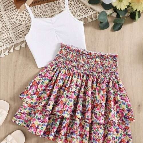 Girls Fitted Ditsy Floral Ruffle Hem Skirt and Cami Top