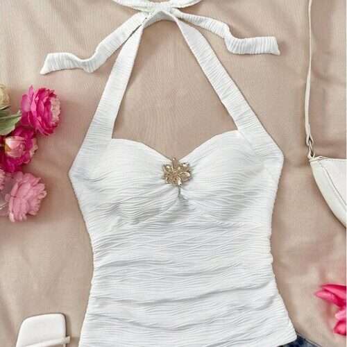 Girls Halter Tie V-Neck Textured Knitted Camisole