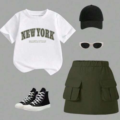 Girls Letter Graphic Short Sleeve T-Shirt and Cargo Mini Skirt