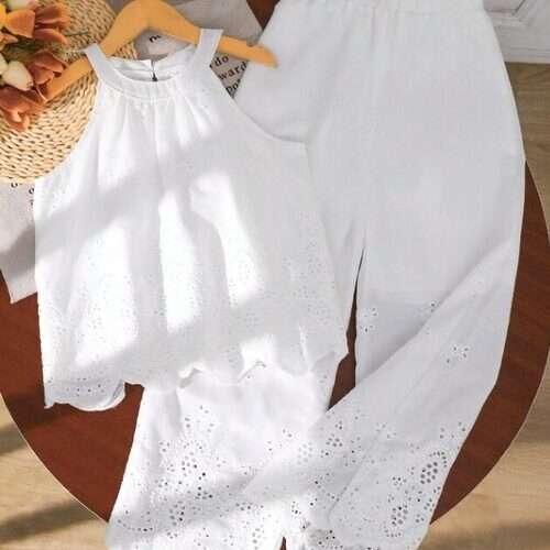 Girls Mesh Embroidery Halter Top and Wide Leg Pants