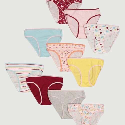 Girls Printed Pattern Trim Contrast 10pck Panties/ Underwear - Size 7-8