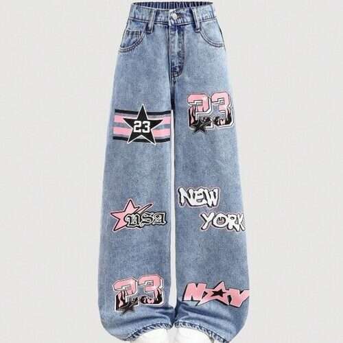 Girls Vintage Sports Streetwear Graphic Print Jeans
