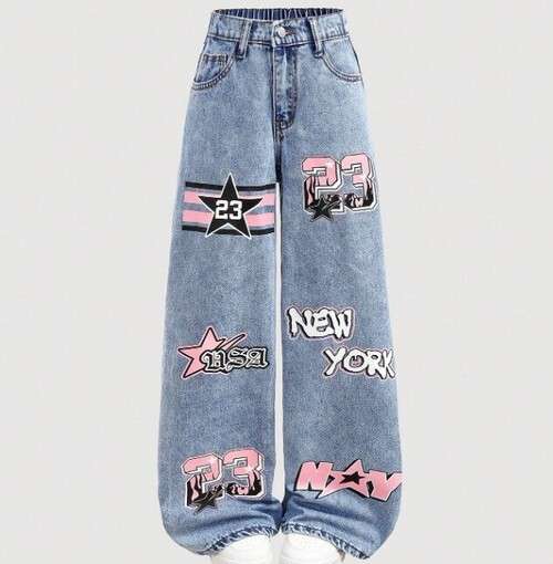 Girls Vintage Sports Streetwear Graphic Print Jeans