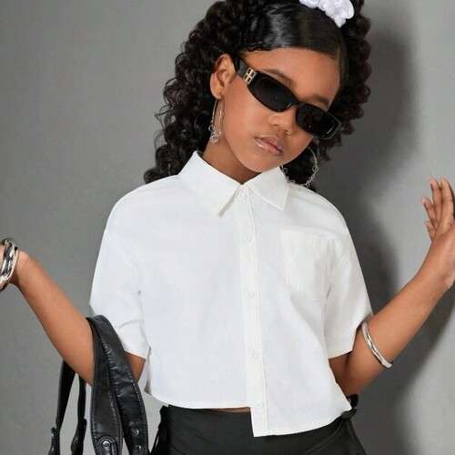 Girls Woven Asymmetrical Short Shirt With Dual Pockets